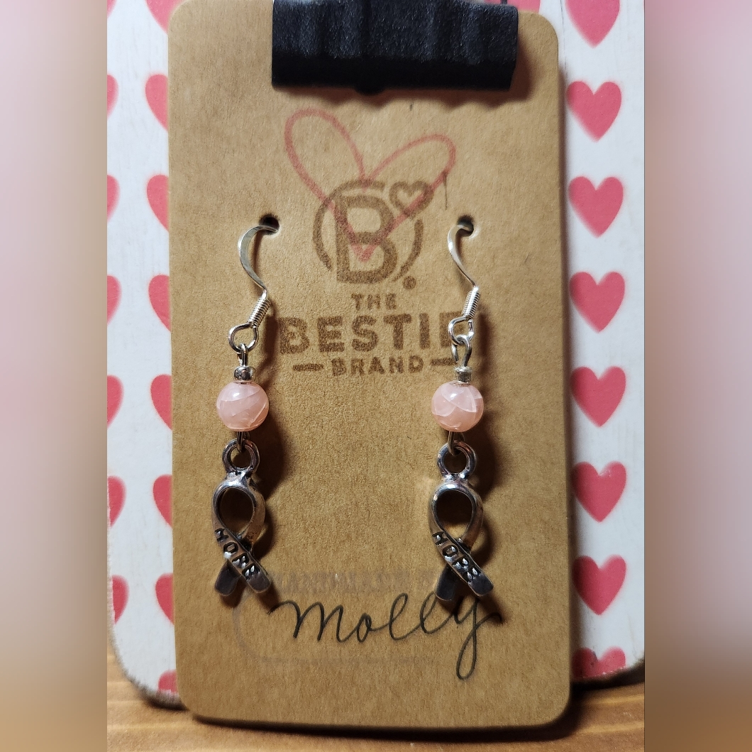 Pink Bead Silver In Color 'Hope' Ribbon Breast Cancer Awareness Dangle Earrings